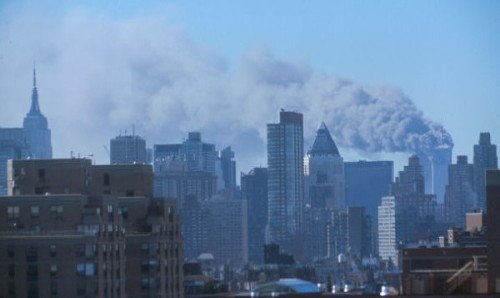 The Twin Towers on fire. (Picture from Library of Congress)
