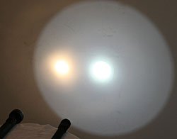 Light Output, L-R: SL-20X and PolyStinger DS LED. Note both the brighter, white focus point of the PolyStinger and the much brighter periphery cone.