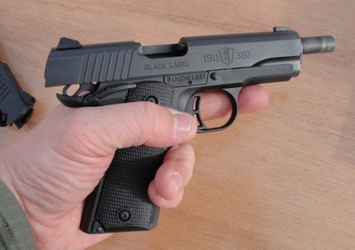 The Browning 1911-380 in the shooter's support hand. The pistol was compact, but not too small. 