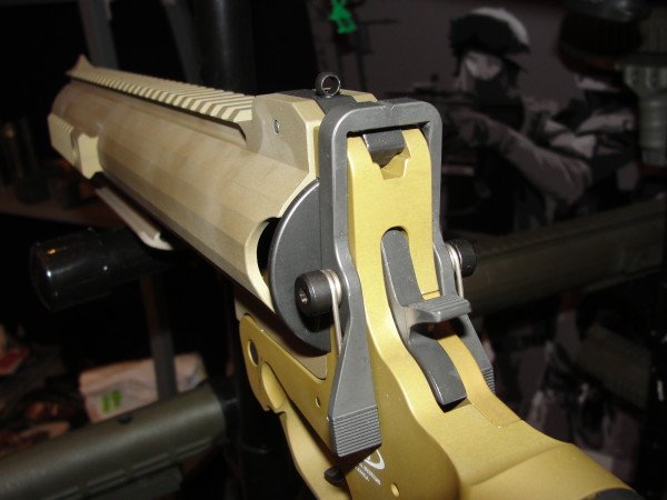 The fixed sighting system on the AMTEC single launcher is adequate in lighted conditions, but the front sight would need illumination at night. The ghost ring rear sight greatly improves sighting time.