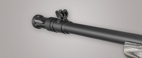 Ruger birdcage flash suppressor and low glare fixed front sight.