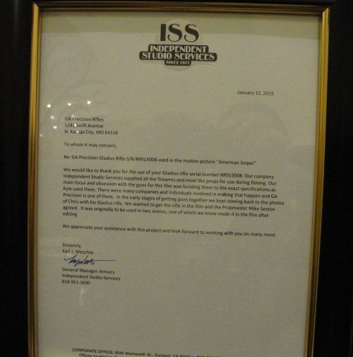 The official letter from the Independent Studio Set confirming the GA Precision Gladius being used in American Sniper.