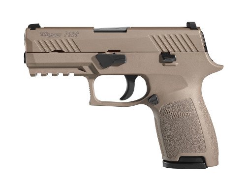 A compact P320 in FDE, is a mid-sized pistol.