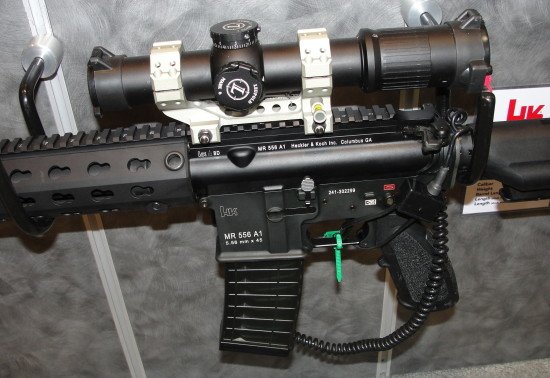 A close up of the HK MR556A1 at SHOT Show this year. This one mounted with the ever-more-popular 1-4x24 scope.