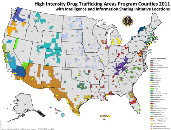 HIDTA locations across the U.S. - mostly focused around the borders.