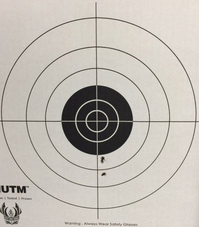 The first (3) shots standing from the 7-yard line. The result was consistent with bore-to-sight offset.