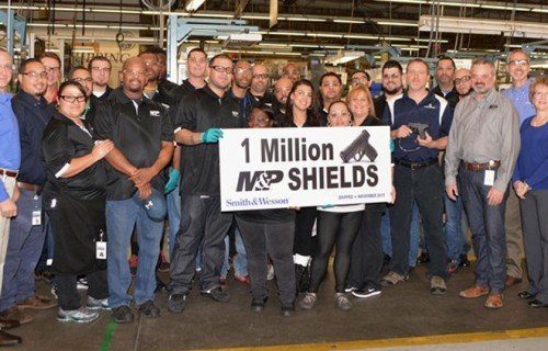 A photo of the S&W workers celebrating 1 million Shield pistols manufactured (photo from 2015).