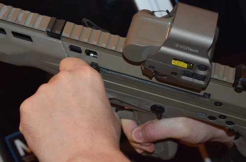 Charging handles are ambidextrous and spring-loaded to fold forward when not needed.