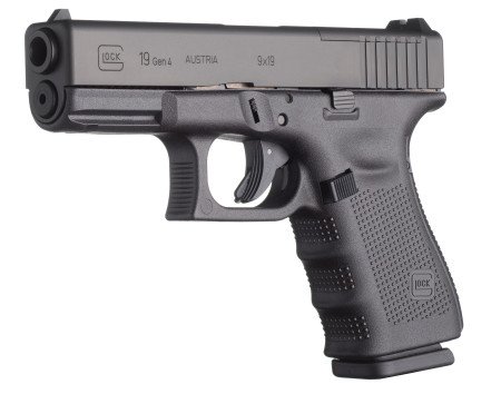 The Glock 19 Gen 4 MOS without reflex sight. Note cut-out on slide in front of rear sight.