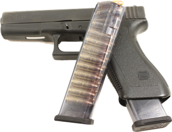 An extended ETS magazine seated in a full-size Glock.