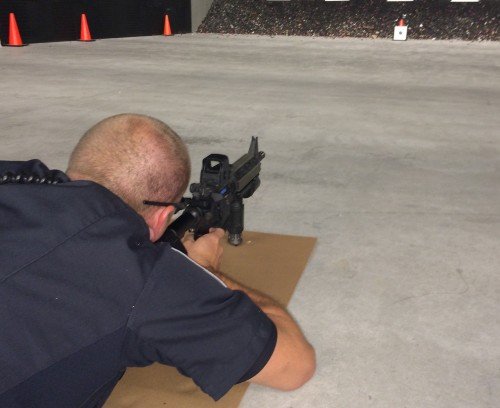 Here the shooter takes aim from prone at the 10-yard line.