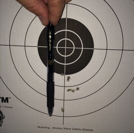 The first 5-shot group from 7-yards prone was also low.