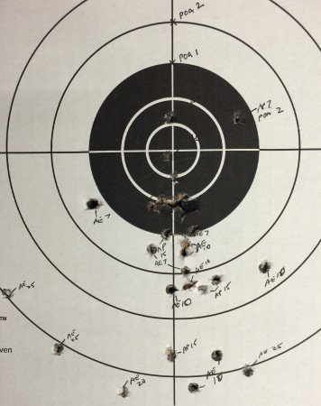 This is the target near testing completion. As you can see bullet drop continues at distance, but horizontal placement is very good near center.