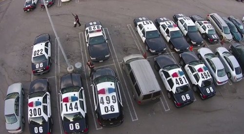 Still shot from Saulmon's drone video of LAPD parking lot he posted to Youtube.