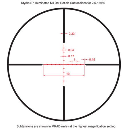 The Styrka Mil-Dot scope comes with an illuminated reticle, and set hold-overs.