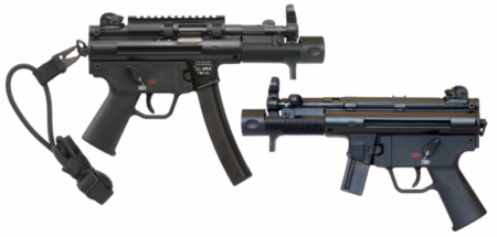 The SP5K pistol comes with a Picatinny top rail, molded handguard, bungee sling, and a special muzzle device and foregrip.
