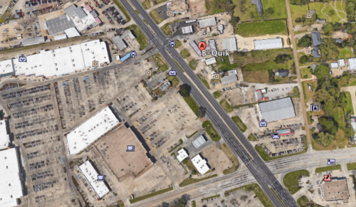 A Google Earth overhead of the Baton Rouge ambush. The killing location, B-Quik, is tagged and very close to a large commercial area.