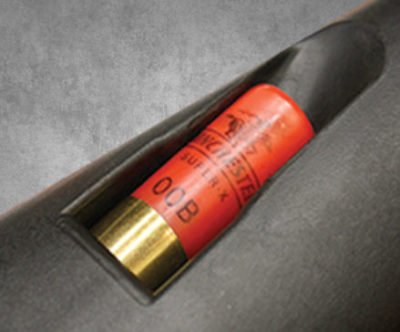 An additional 4-rounds are stored in the spring-activated stock compartment.