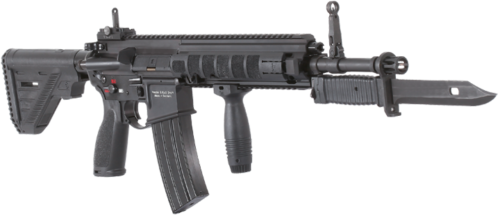 An HK 416 with fore grip and bayonet attached.