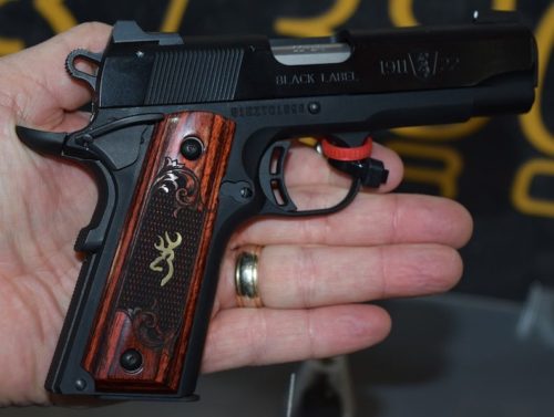 The Black Label 1911-380 Medallion Pro uses Rosewood grips, and a stainless steel slide finish.